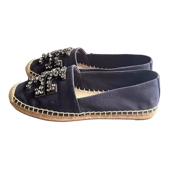 TORY BURCH Ines Embellished Logo Espadrille Flats Navy Canvas Size 5.5 NIB - Picture 5 of 11